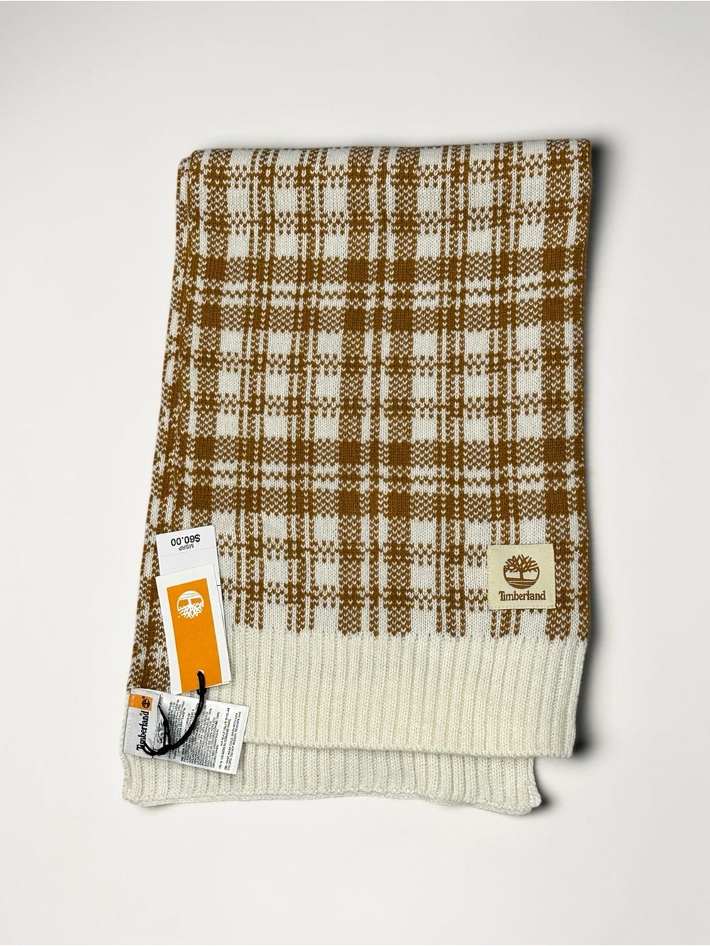 Timberland Cream and Brown Plaid Knit Scarf